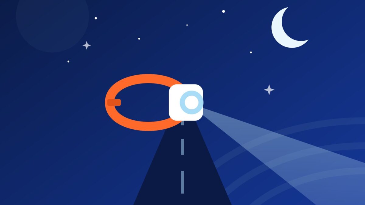 Illustrazione notturna di una lampada frontale che illumina una strada sotto la luna