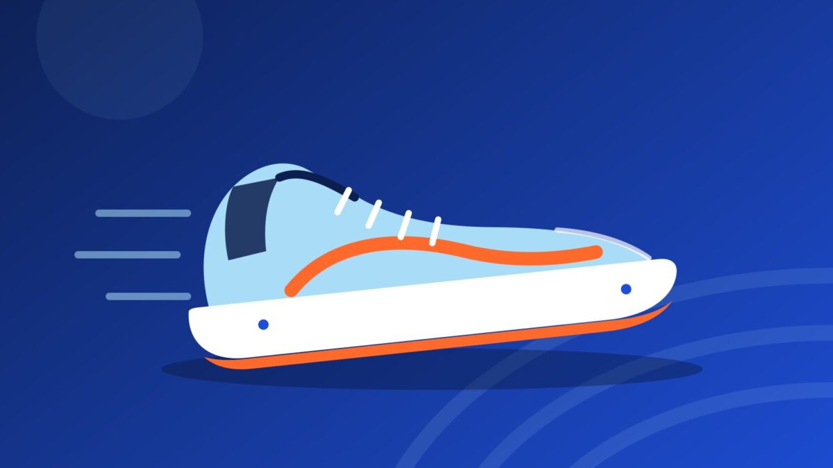 Illustrazione di una scarpa da corsa azzurra con suola bianca e arancione